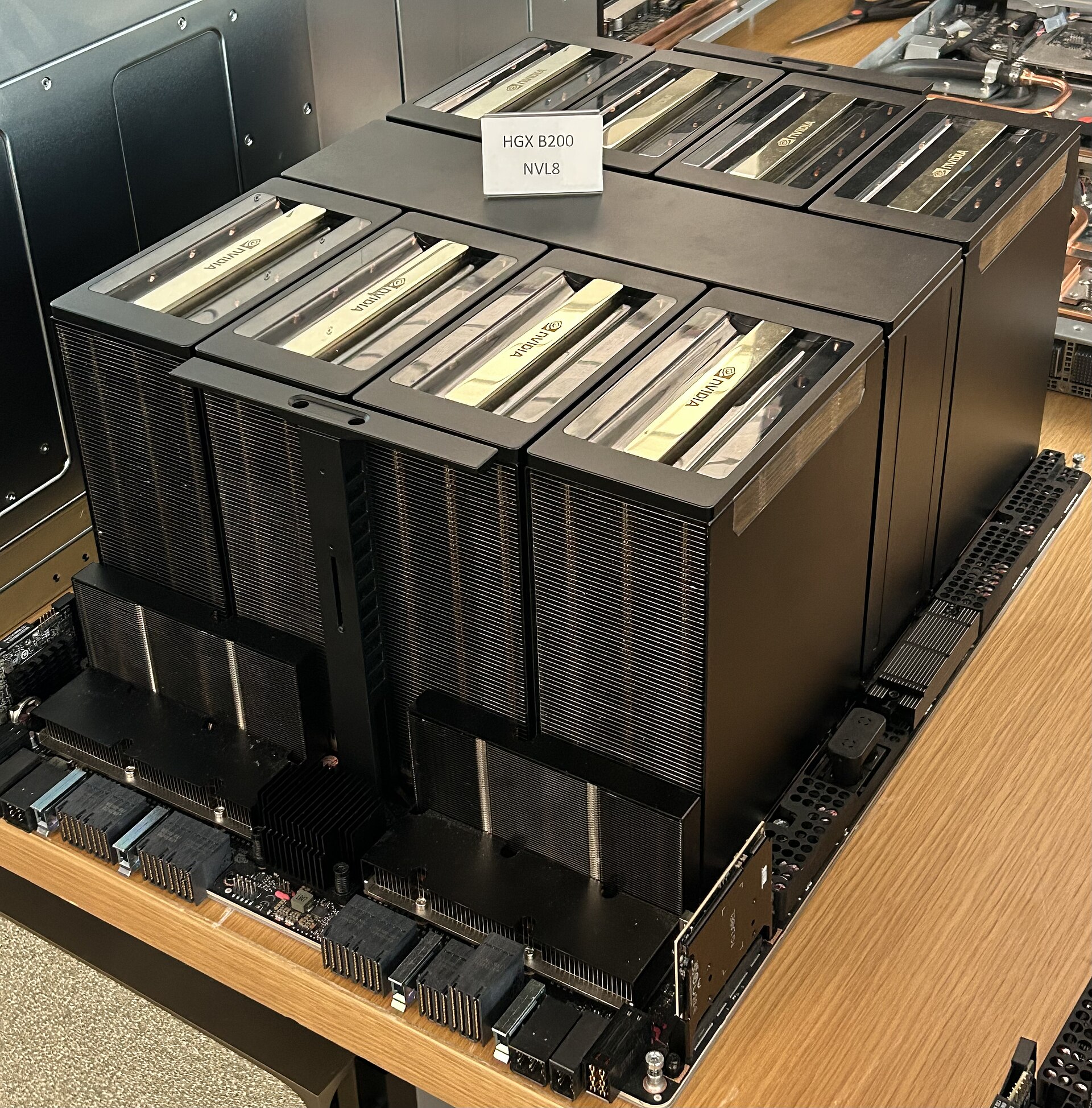 NVIDIA HGX B200 NVL8 system — eight Blackwell GPUs behind gold heat spreaders on a dark chassis