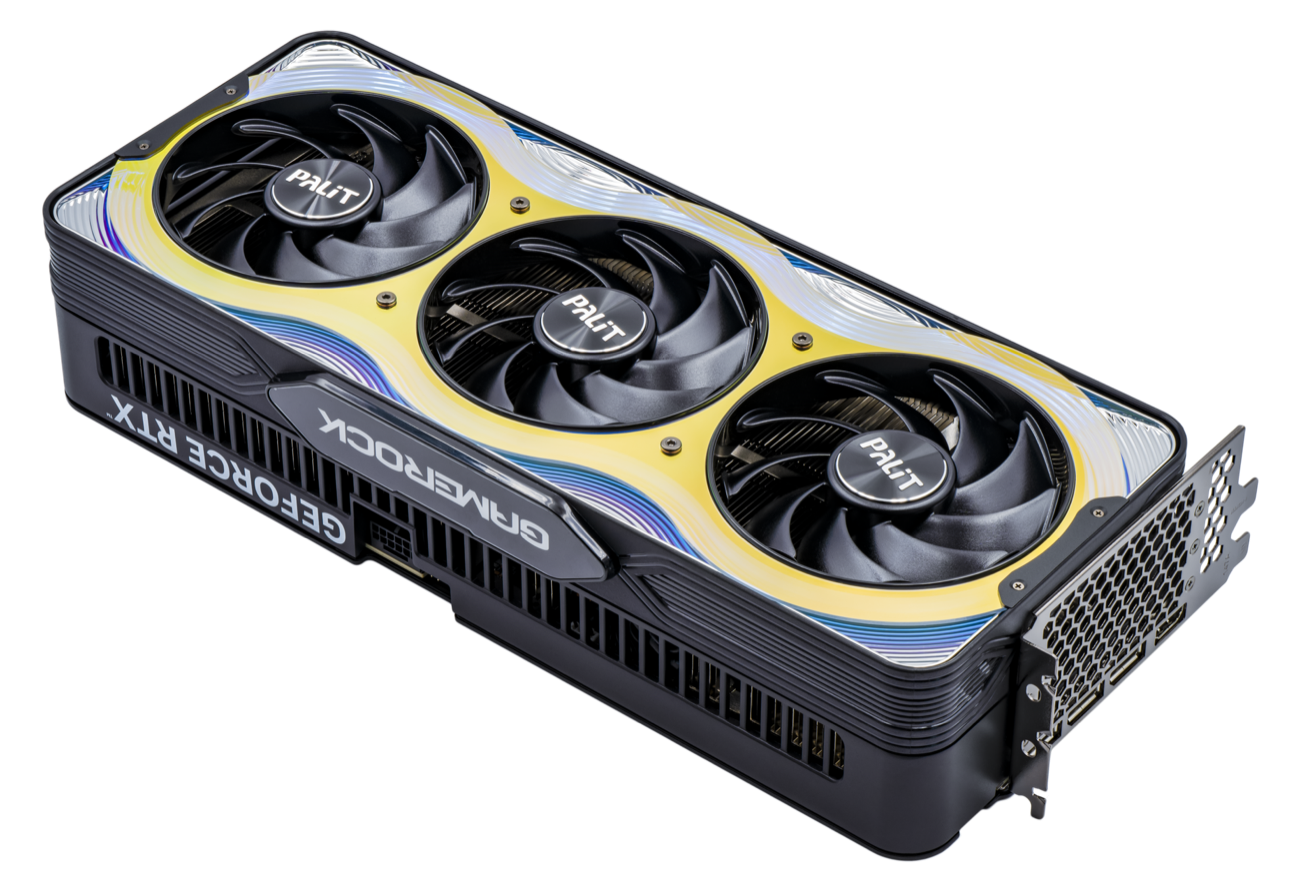 GeForce RTX 5090 graphics card — triple-fan black shroud with iridescent edge lighting